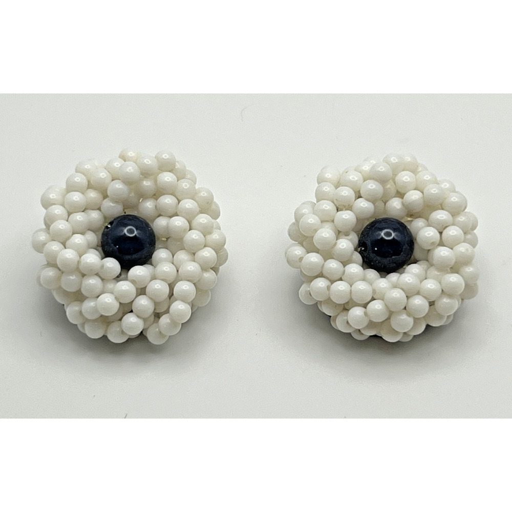 Vintage Faux Pearl Rope Style Blue Center Bead Cluster Costume Clip On Earrings